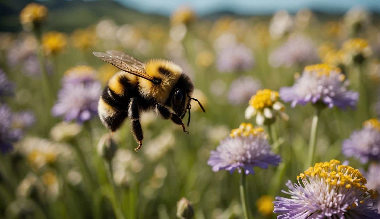 A bumblebee hovers over a field of wildflowers, pollinating and connecting the vibrant blooms, symbolizing the interconnectedness and spiritual significance of community in nature