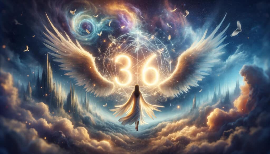 Angel Number 36 blends spiritual growth with the material aspects of life. The number "36" is prominently featured within a scene that symbolizes the integration of spiritual and material realms.