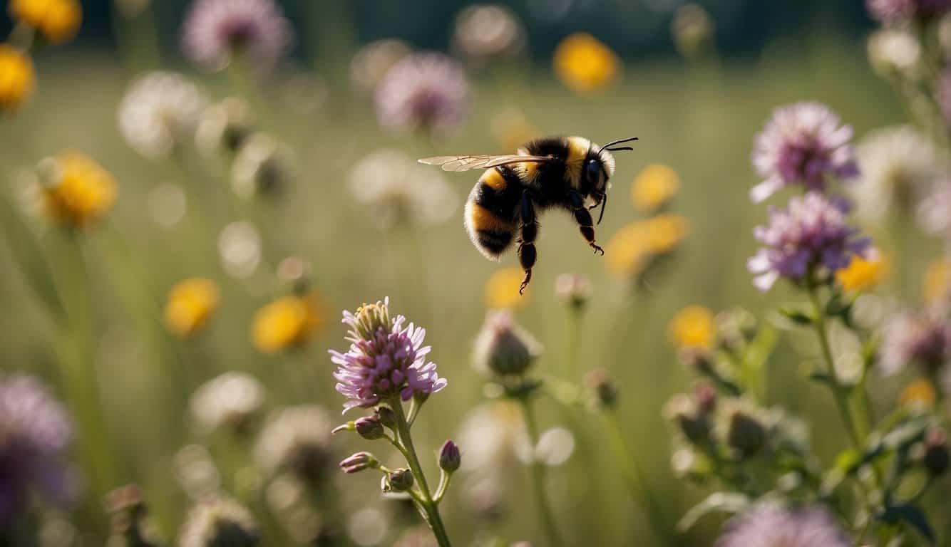 A bumblebee hovers over a field of wildflowers, symbolizing nature's interconnectedness and the importance of pollinators in sustaining life
