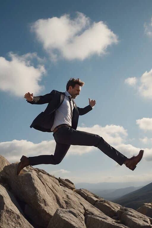 A figure plummets from a rugged cliff, surrounded by swirling mist and jagged rocks below