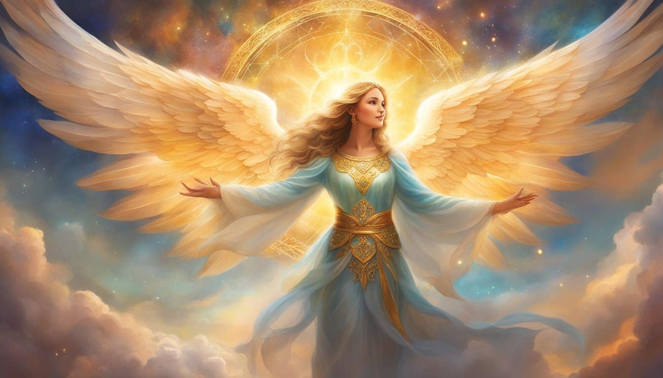 A radiant angel hovers above a world in transition, surrounded by symbols of growth and transformation