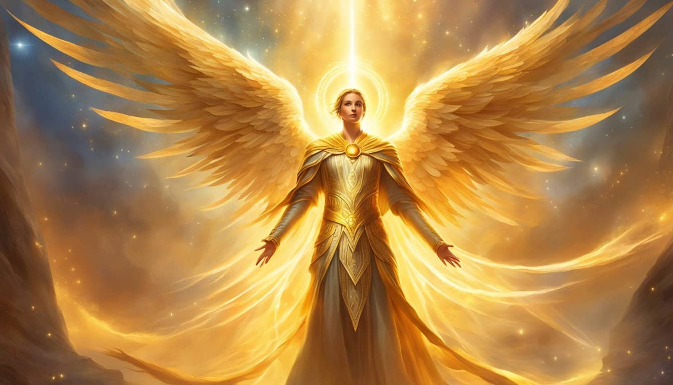 A glowing, golden angelic figure stands with one hand raised, surrounded by beams of light and a sense of urgency