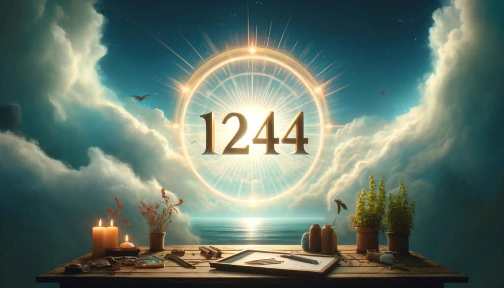 the spiritual meaning of angel number 1244, showcasing its significance in love, career, and life. The number "1244" is prominently featured in a serene and uplifting environment, symbolizing growth and new beginnings