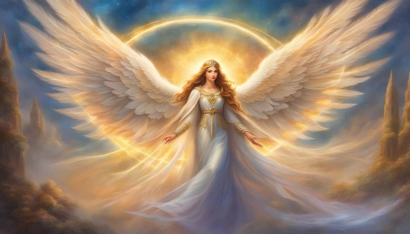 A glowing halo hovers above a pair of intertwined angelic wings, each feather etched with the numbers 3 and 7