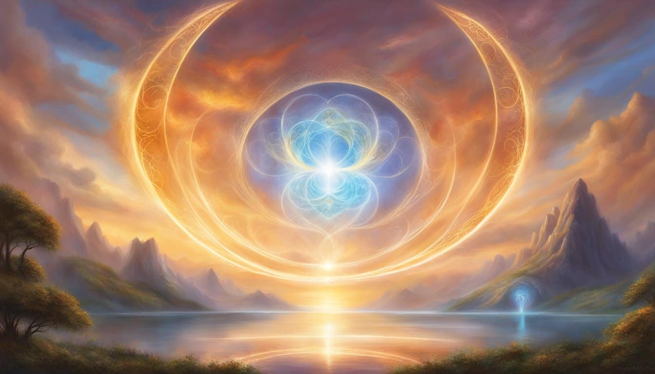 A glowing halo hovers over a pair of intertwined threes, radiating a sense of harmony and balance. The numbers are surrounded by a celestial glow, evoking a feeling of divine guidance and spiritual alignment