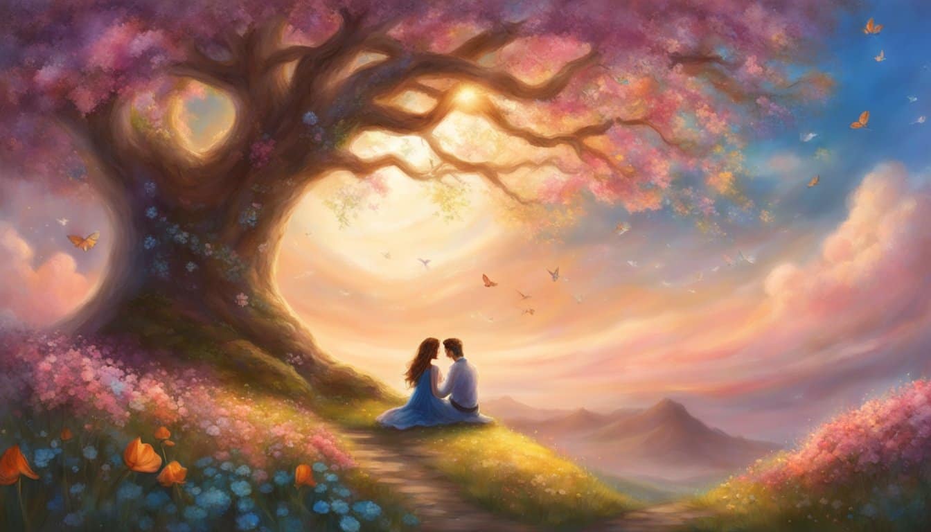 A couple sits under a tree, surrounded by blooming flowers. The number 37 is written in the sky with clouds