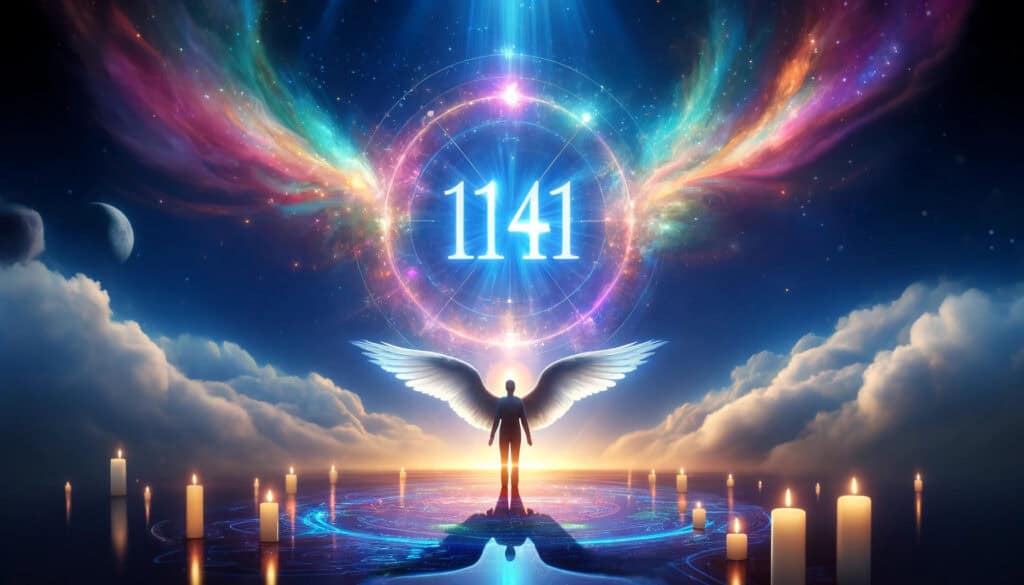 the spiritual meaning of angel number 1141. The image is more colorful, featuring the number "1141" prominently in a serene and spiritually uplifting environment.