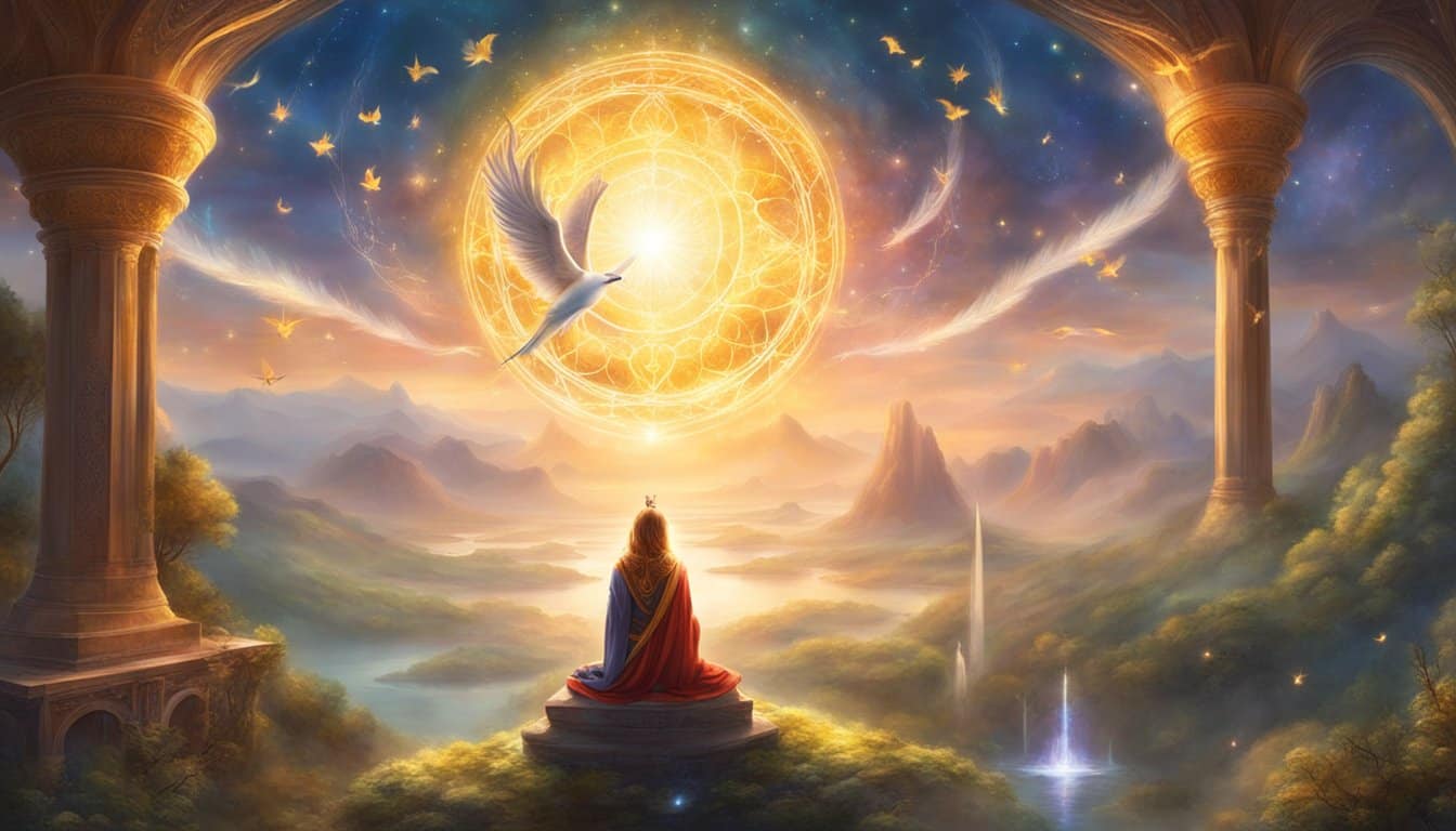 A glowing 37 floats above a serene landscape, surrounded by symbols of guidance and protection - feathers, halos, and celestial light