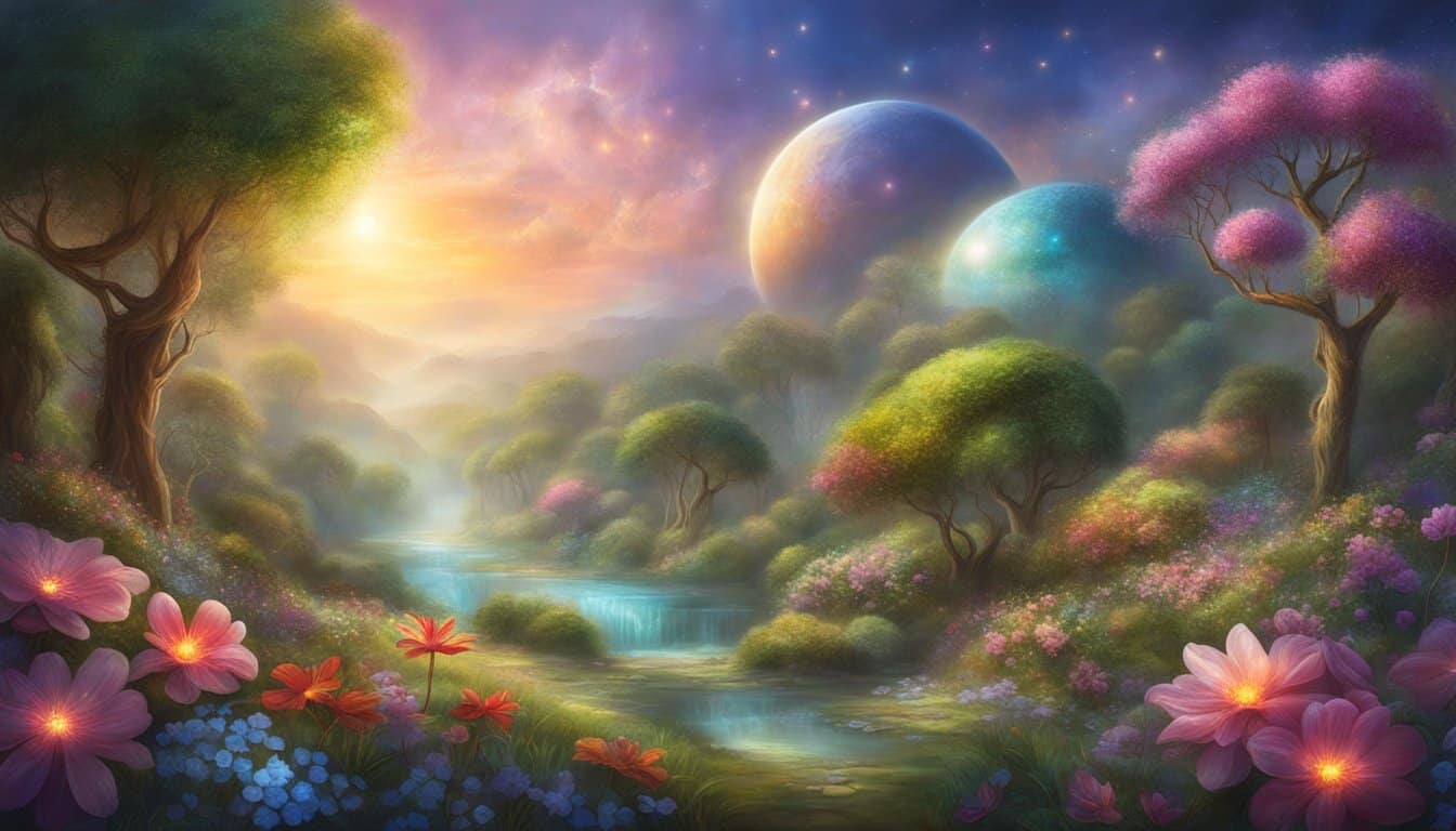 A lush garden with blooming flowers and fruitful trees, surrounded by glowing orbs and shimmering light