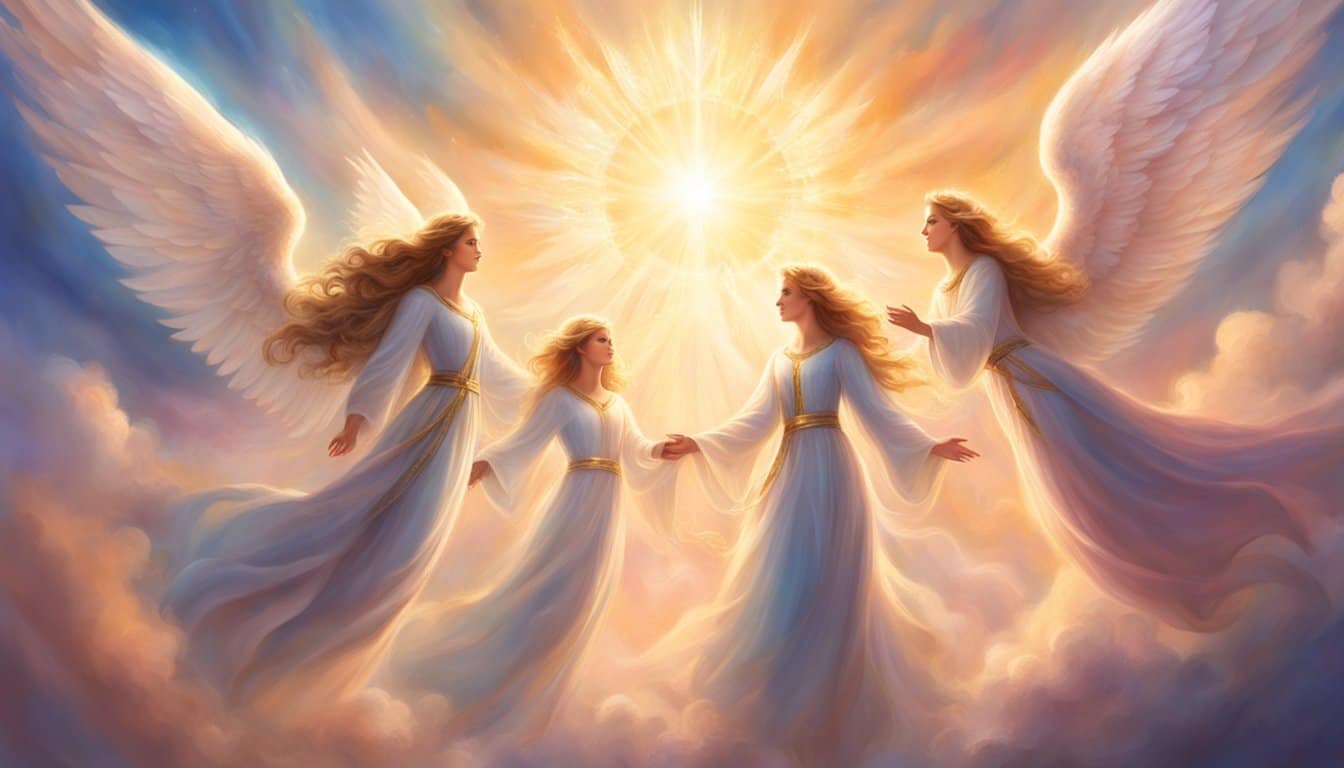 A group of Guardian Angels hovers above, radiating light and offering words of encouragement to a person below