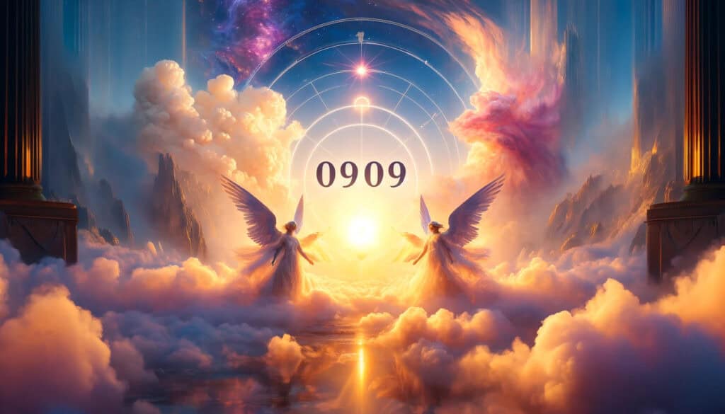 the spiritual meaning of angel number 0909, with the number "0909" prominently displayed. The scene represents a message of growth and encouragement for twin flame relationships, incorporating vibrant and uplifting elements to evoke a sense of hope, love, and positive transformation.