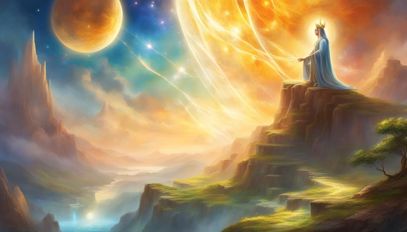 A bright, celestial figure hovers above a serene landscape, surrounded by symbols of growth and stability. Rays of light radiate from the figure, illuminating the area with a sense of guidance and protection