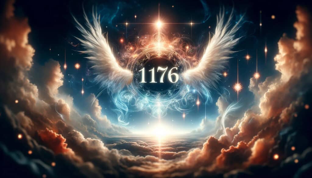 the meaning and power of angel number 1176 for wish fulfillment, featuring the number "1176" prominently. The image conveys a sense of mystical energy and divine guidance, with celestial elements to inspire and uplift.