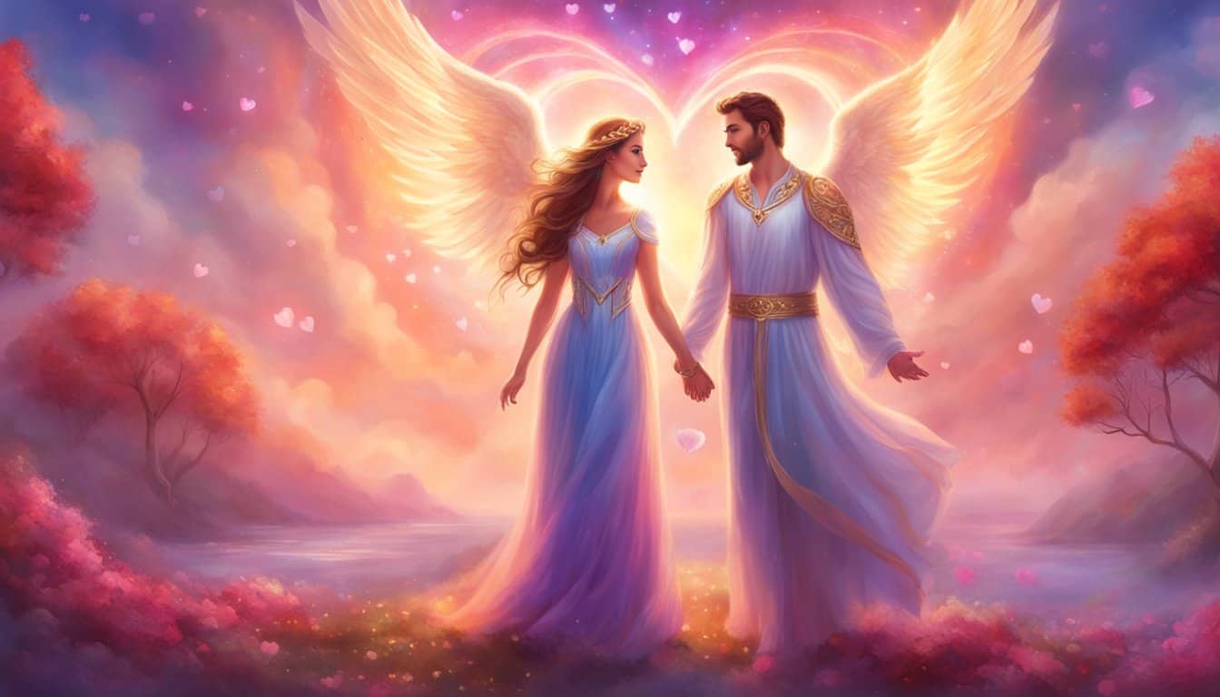 Angel number 456 floats above a couple holding hands, surrounded by hearts and a glowing aura of love and harmony