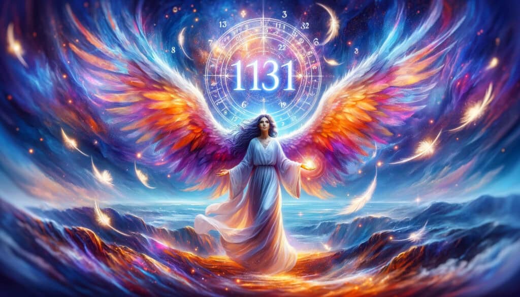 Angel Number 1131, highlighting how it signifies change and personal transformation. The image prominently features the number "1131" along with a guardian angel in an ethereal and inspiring setting.