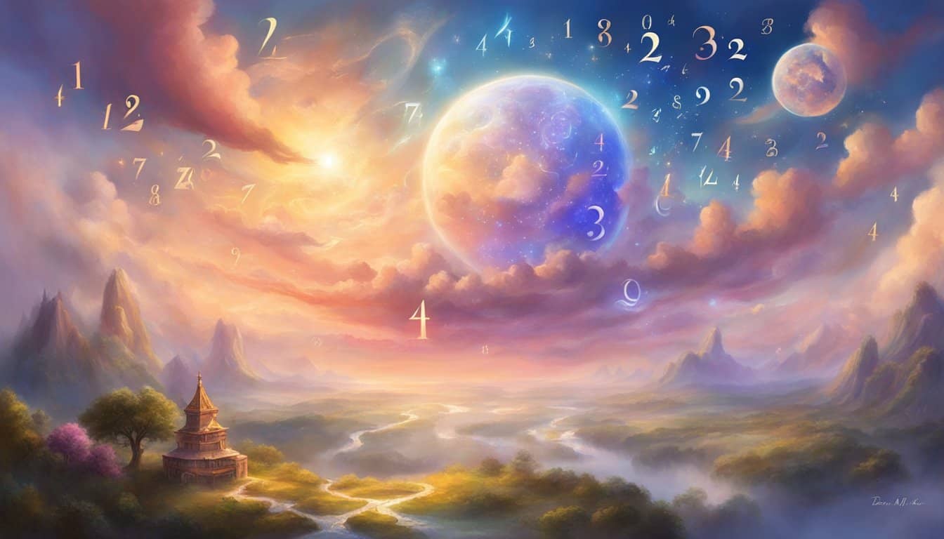 A serene, heavenly scene with the numbers 1234 floating in the sky surrounded by symbols of love and connection