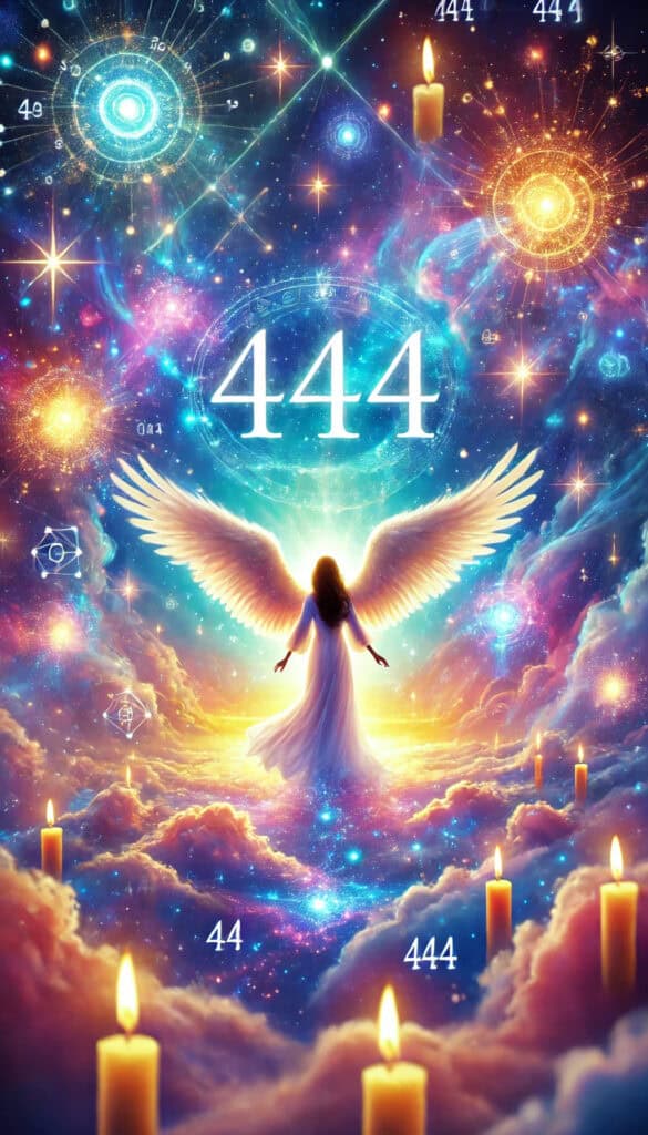 "444 Angel Number Meaning: A Divine Message of Protection and Guidance," with the number "444" prominently displayed. The scene is vibrant and uplifting, with a celestial theme featuring glowing lights, stars, ethereal clouds, and a guardian angel, conveying a sense of divine protection, guidance, and spiritual growth.