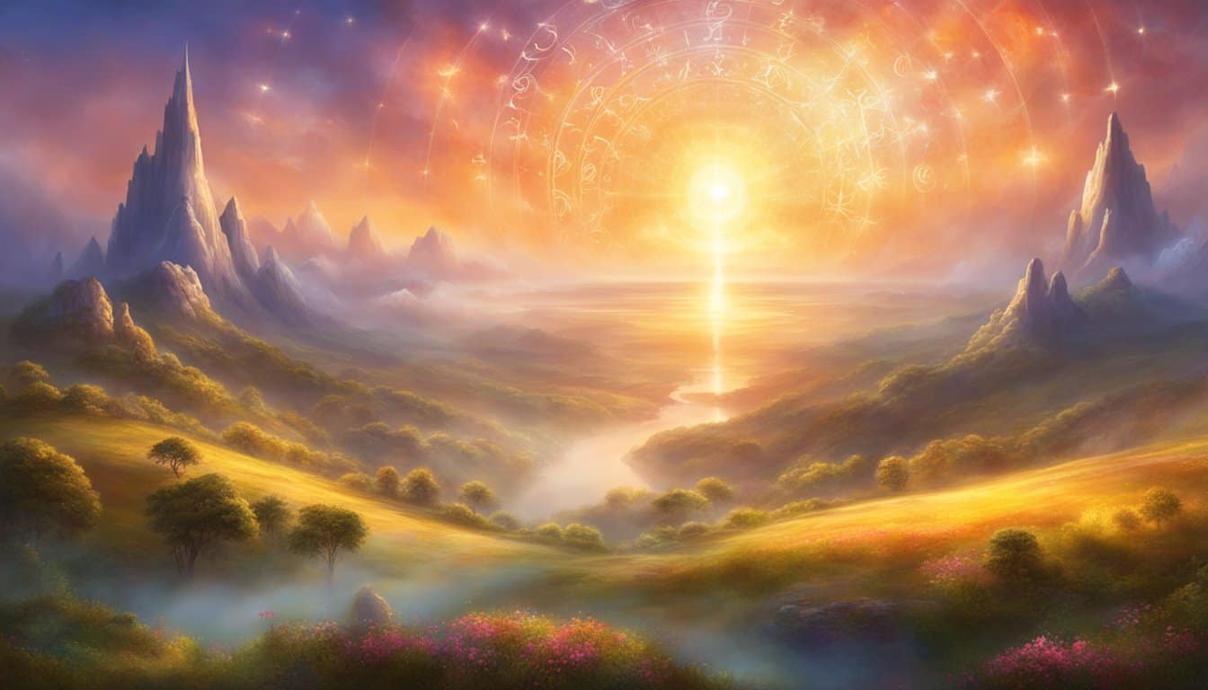 A glowing sequence of numbers 1234 hovers above a serene landscape, radiating a sense of divine guidance and order