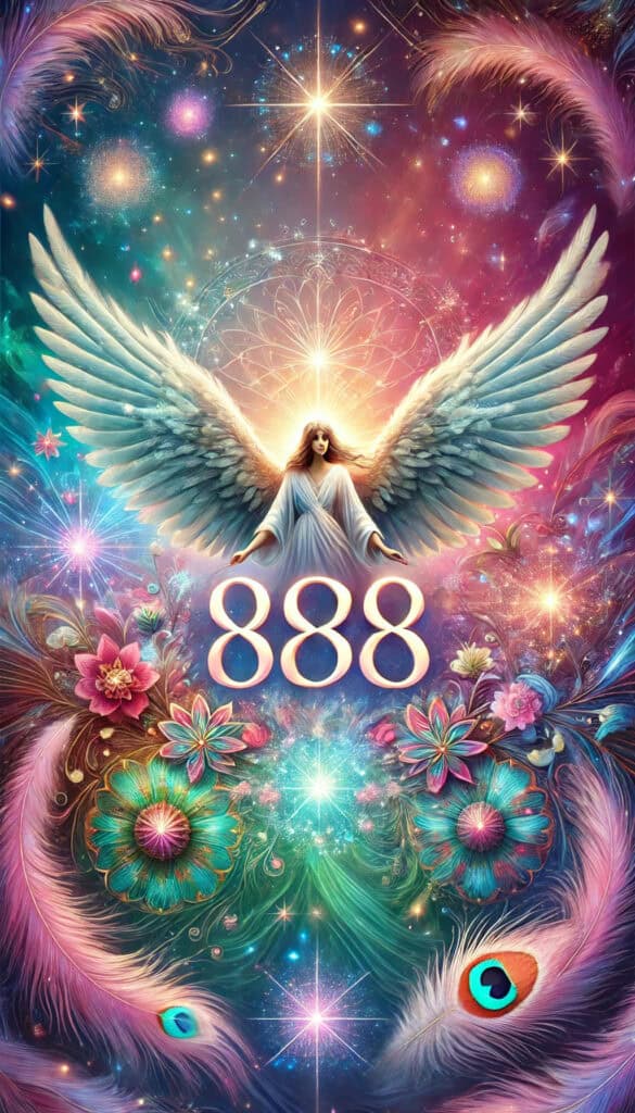 The number 888 (three 8s) is prominently displayed in a large, glowing, and elegant font, with a detailed and ethereal guardian angel figure watching over it. The image is surrounded by elements like angel wings, sparkles, and soft light beams, set against a mystical gradient background with bright and varied colors.