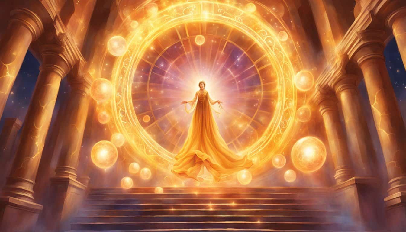 A glowing figure hovers above a staircase, surrounded by four radiant orbs, each bearing the numbers 1, 2, 3, and 4