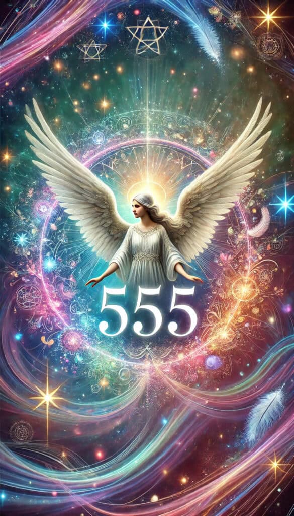 the number 555 prominently displayed at the center, accompanied by a guardian angel. The vibrant background and ethereal elements enhance the spiritual significance of the number 555.