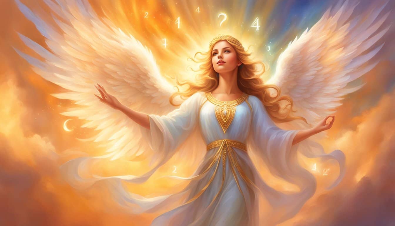 A glowing angelic figure hovers above four ascending numbers: 1, 2, 3, and 4. Each number emits a radiant light, symbolizing the numerology behind the meaning of angel number 1234