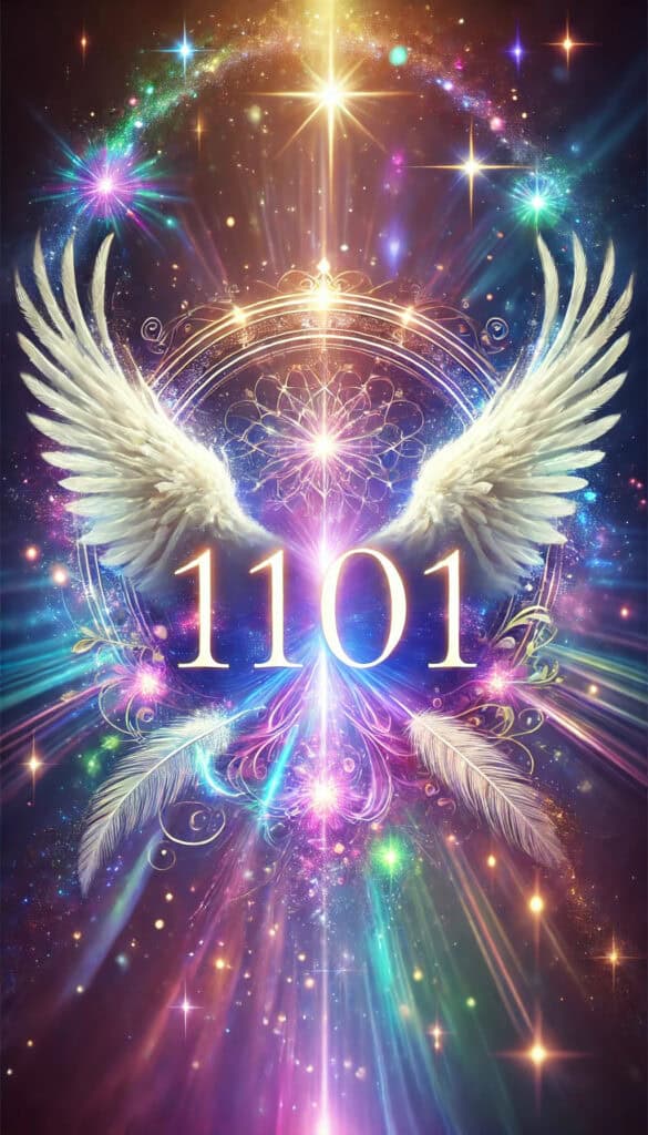 the number 1101 (1-1-0-1) clearly and fully visible, prominently displayed at the center. The design highlights the number with a vibrant background and ethereal elements to emphasize its spiritual significance.