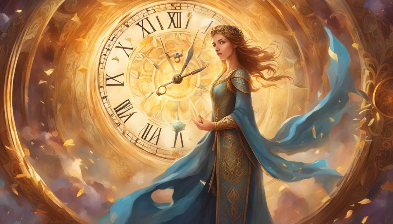 A person looks at a clock showing 12:34. A shining figure hovers above, surrounded by symbols of guidance and positivity