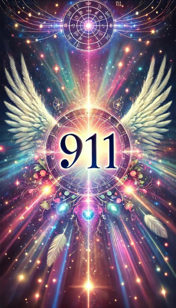 mage with the number 911 clearly and fully visible, prominently displayed at the center. The design uses a vibrant background and ethereal elements to highlight the spiritual significance of the number 911.