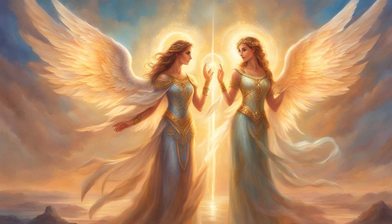 Two angels stand side by side, one holding a large number 3 and the other holding a number 5, both glowing with divine light