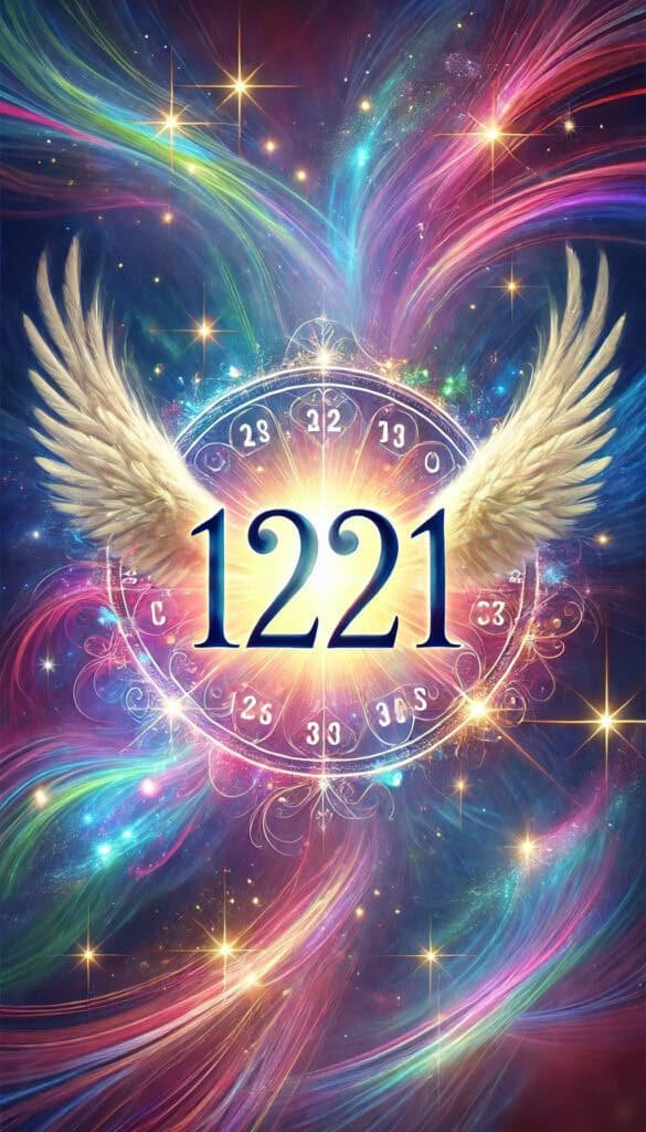  the number 1221 prominently displayed in a mystical setting, without any accompanying text or words. The design focuses on enhancing the spiritual atmosphere with ethereal elements and bright, varied colors.