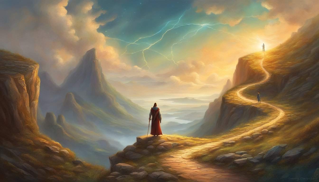 A figure stands at a crossroads, facing a forked path. One road is rocky and steep, while the other is smooth and winding. The figure appears contemplative, with a sense of determination and resilience