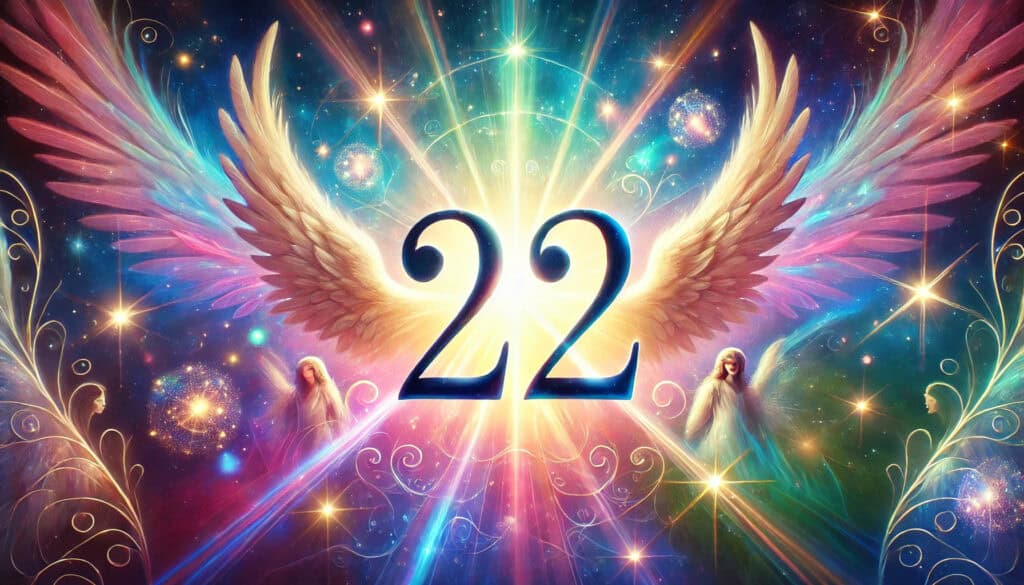 number 22 prominently displayed at the center. The design includes bright, varied colors and ethereal elements to enhance the spiritual atmosphere for your blog post about angel number 22.