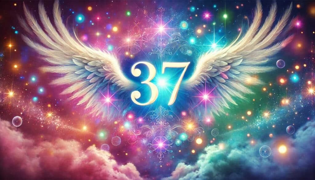 the number 37 prominently displayed at the center. The design includes bright, varied colors and ethereal elements to enhance the spiritual atmosphere for your blog post about angel number 37.