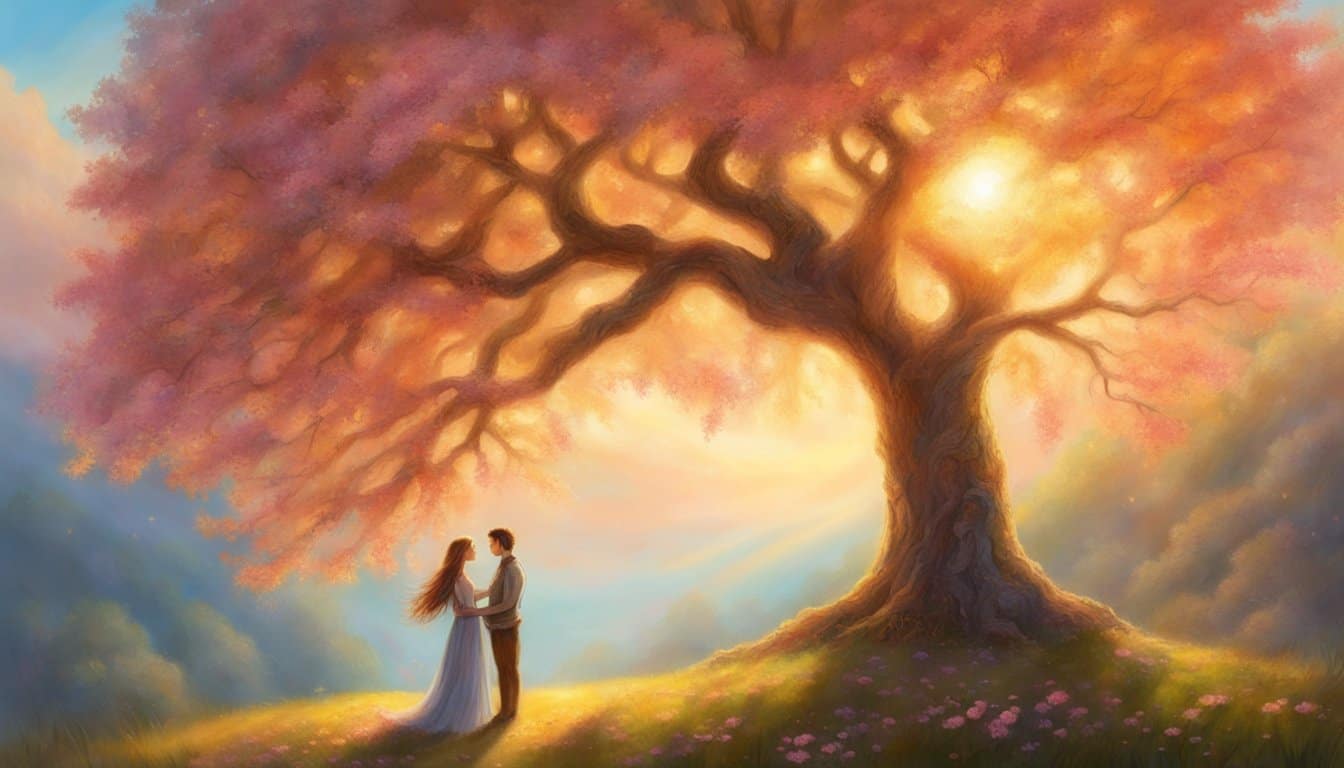 A couple stands beneath a blooming tree, surrounded by the warmth of the sun. The number 36 is etched into the bark of the tree, glowing with a soft, ethereal light