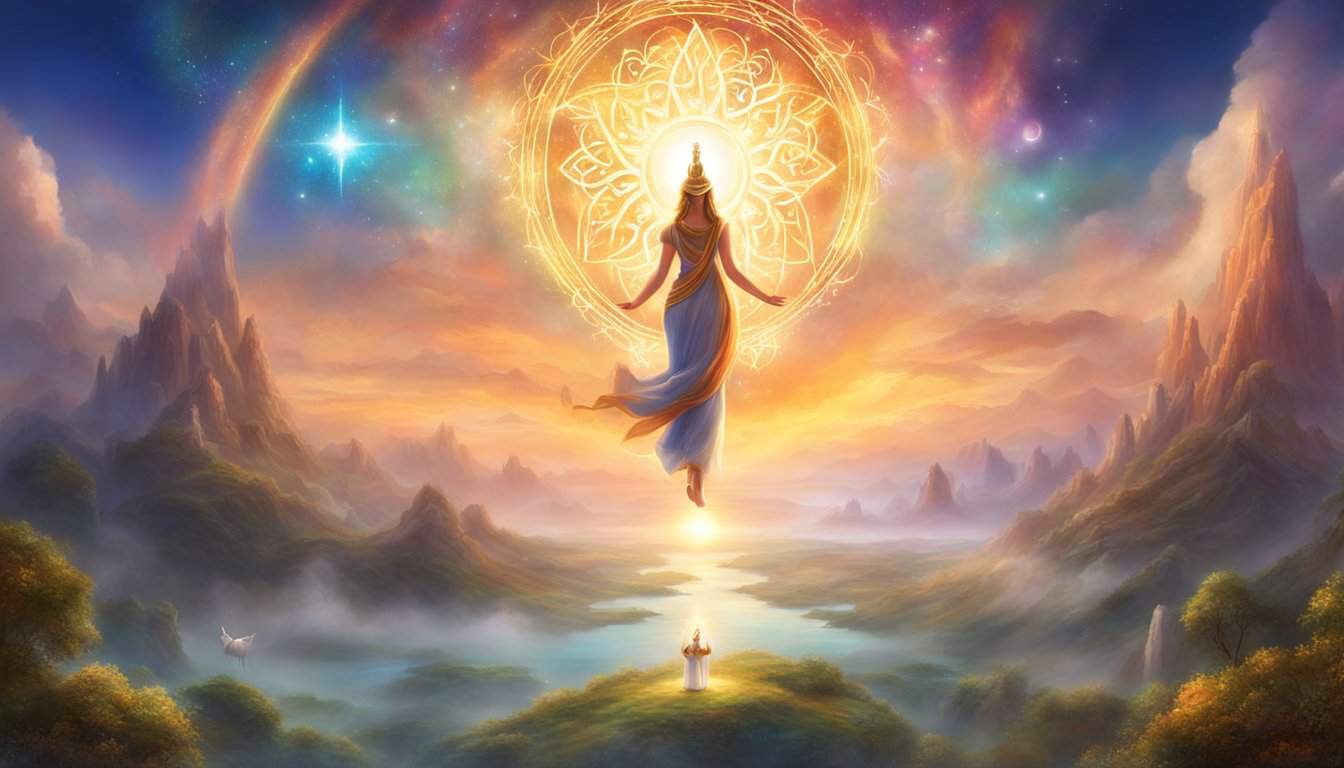 A bright, celestial figure hovers over a peaceful landscape, surrounded by symbols of balance and harmony. The number 5151 glows in the sky, radiating a sense of divine guidance and spiritual awakening