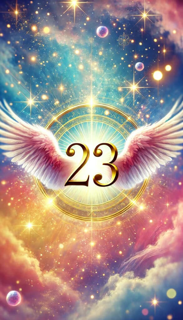 a vibrant image in a 9:16 format for a blog post about angel number 23. The image should prominently feature the number 23 in the center. Ensure that the number 23 is clearly visible, fully displayed, and unobstructed. Surround the number with soft light beams, sparkles, and angel wings. The background should be colorful and mystical. The focus must be on making the number 23 the clear focal point of the image.