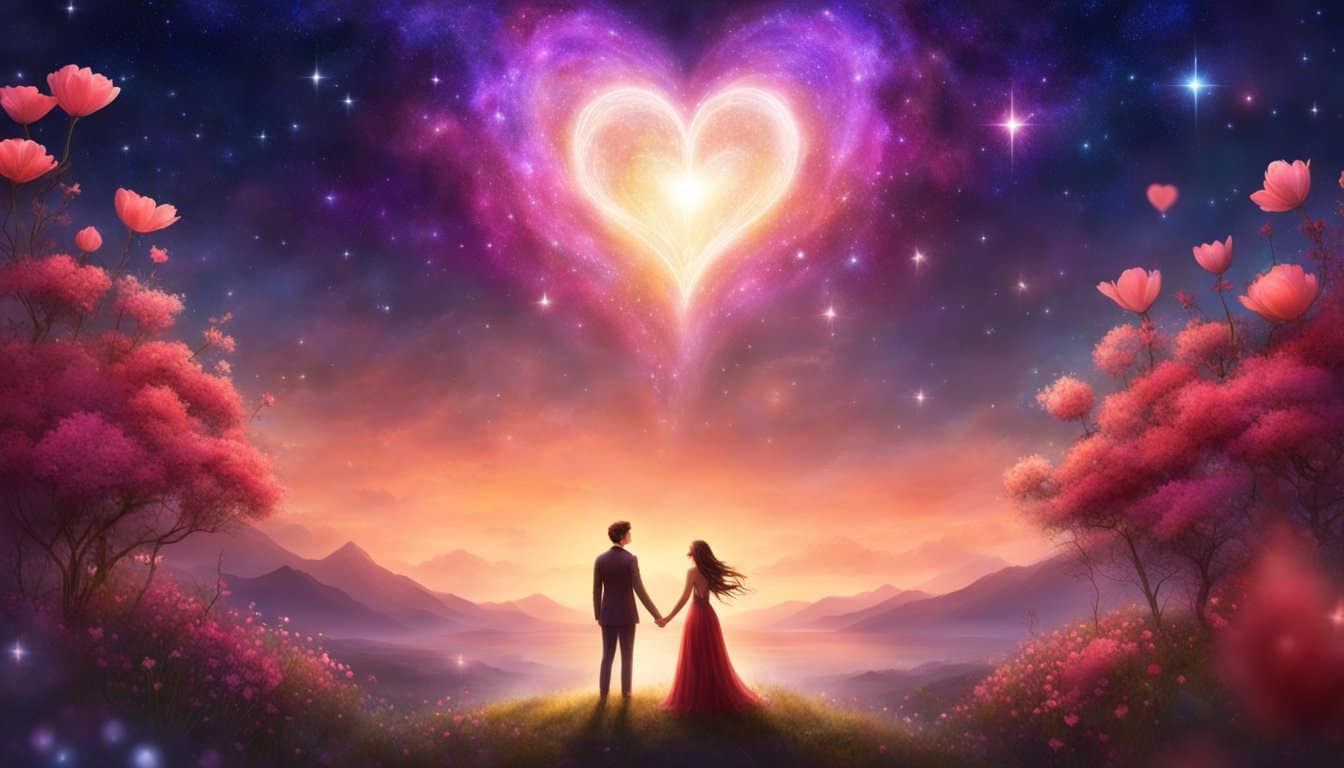 A couple standing under a sky full of stars, surrounded by blooming flowers and a heart-shaped symbol formed by the alignment of the stars