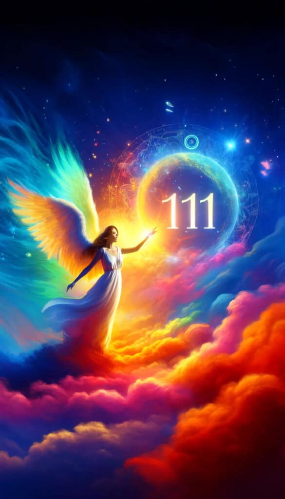 angel number 711, featuring a guardian angel. The scene is filled with dynamic, bright colors that symbolize positivity and energy, and the number "711" is artistically integrated, enhancing the sense of hope and divine guidance.