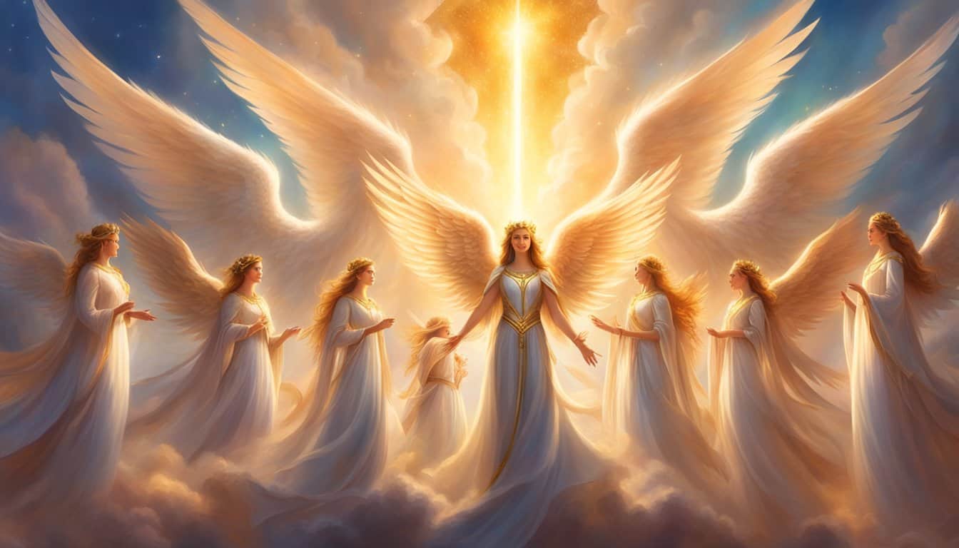 A group of guardian angels surround the glowing number 515, radiating light and protection