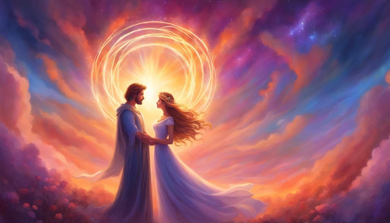 A couple stands under a glowing halo, surrounded by intertwined 5s and 1s, symbolizing love and transformation