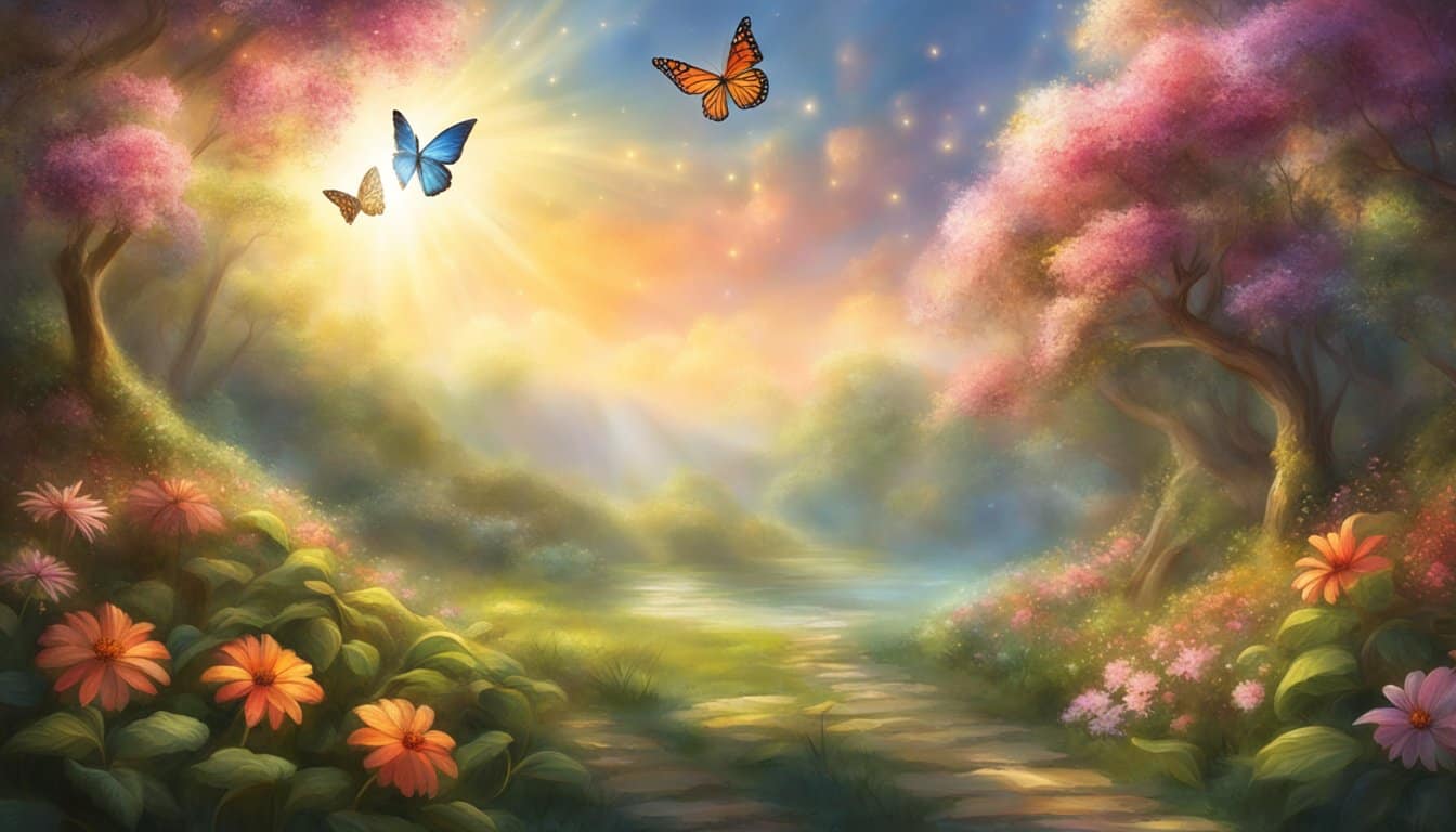 A serene garden with blooming flowers and a butterfly resting on a leaf, while a beam of light shines down from the sky, casting a peaceful glow over the scene