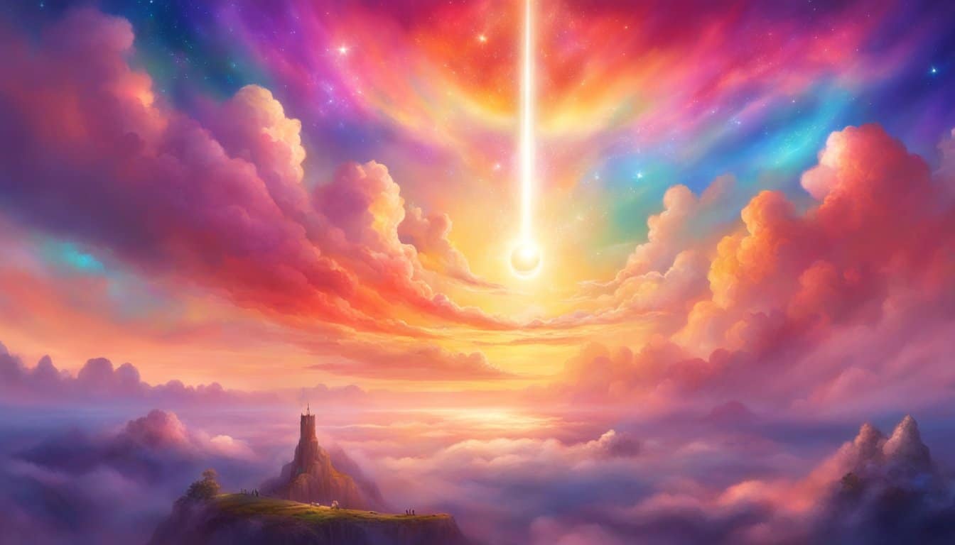 A bright and colorful sky with the number 1244 shining like a beacon, surrounded by symbols of success and accomplishment