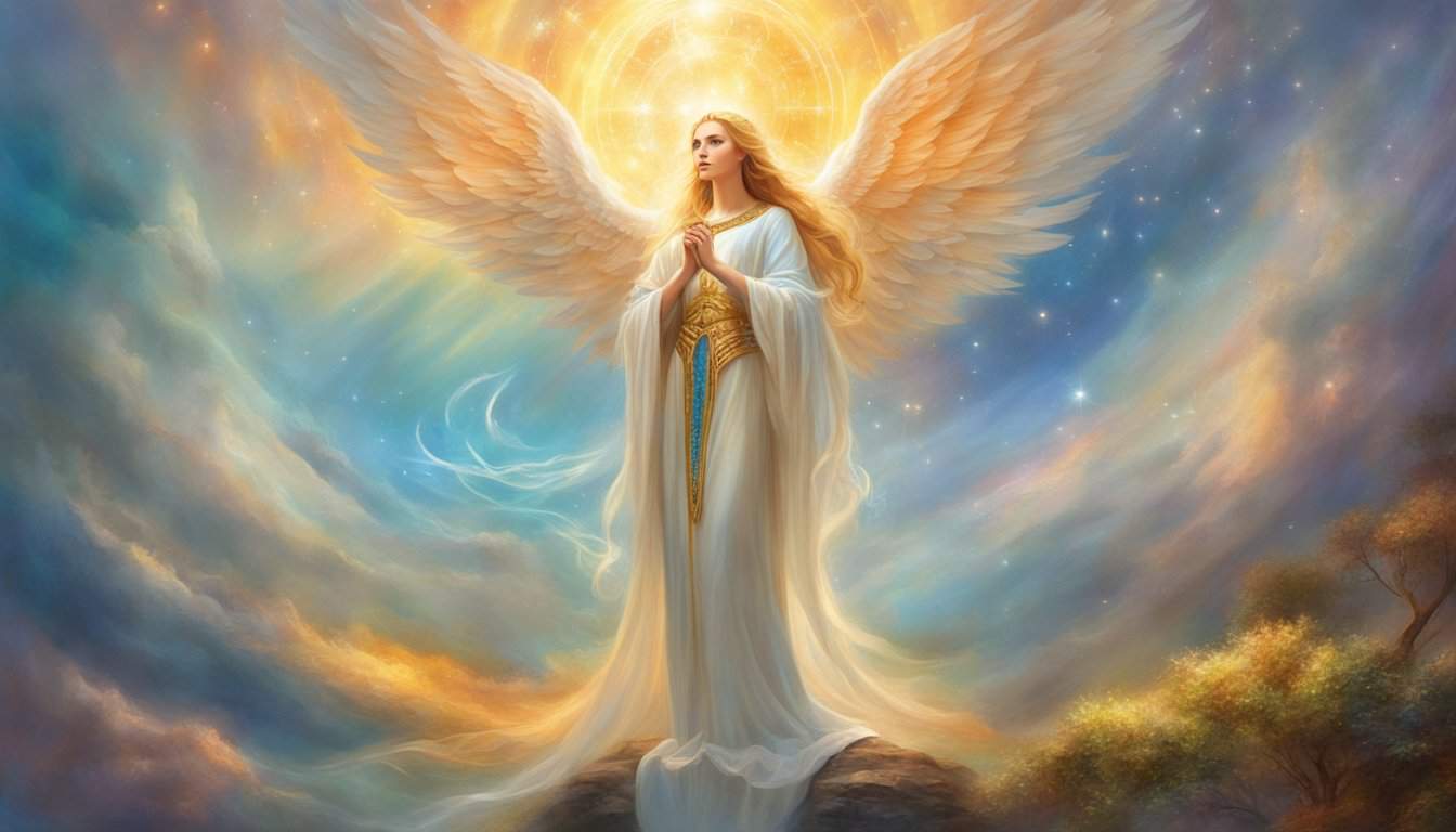 A bright, celestial figure stands before a sequence of numbers: 1141. The angelic being emanates a sense of guidance and protection