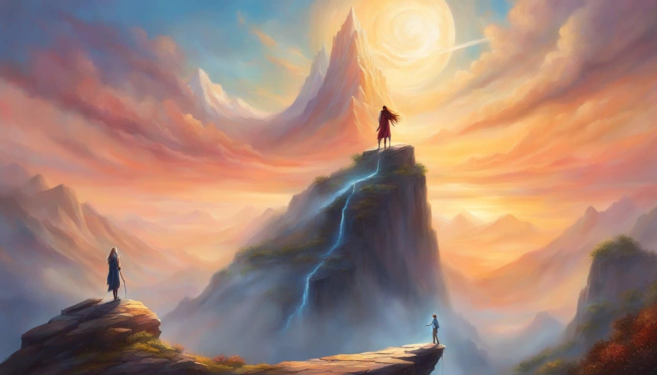 A figure stands atop a mountain, facing a daunting path. With determination, they conquer obstacles to reach the summit, symbolizing triumph over challenges