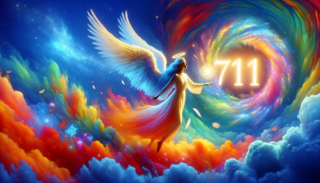image vividly representing the positive influences of angel number 711, featuring a guardian angel. The scene is colorfully designed to evoke a sense of hope, optimism, and divine guidance.