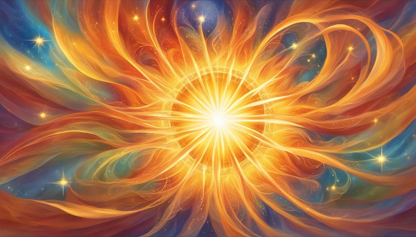 A radiant sunburst with 34 rays emanating from its center, each ray representing a different aspect of life and spirituality. The number 34 is surrounded by vibrant, swirling energy, symbolizing growth and abundance