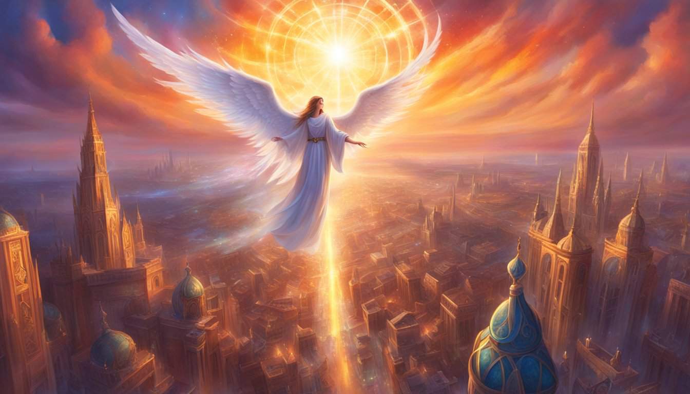 A glowing angelic figure hovers above a city, surrounded by four radiant numbers: 1, 1, 4, and 1. The city below is filled with vibrant energy and light