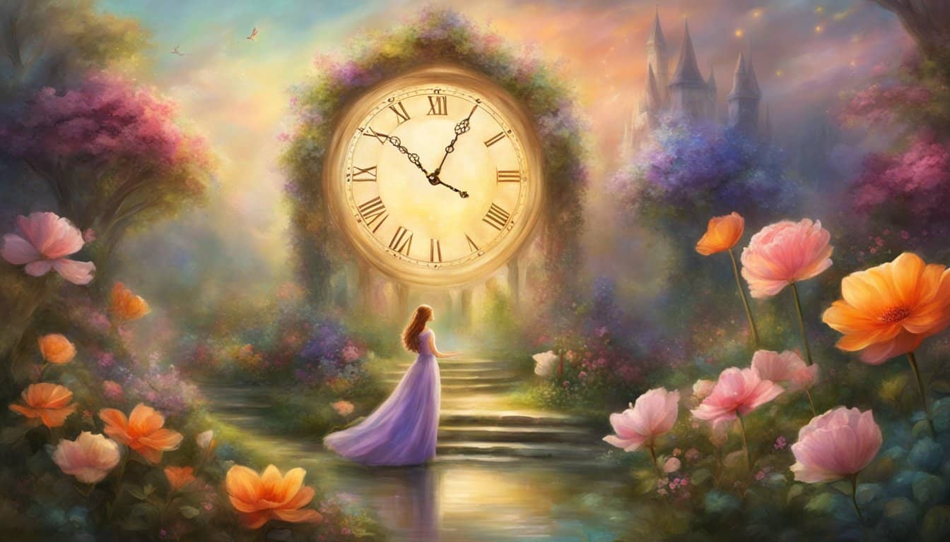 A garden with blooming flowers, a clock striking 5:05, and a person feeling a sense of balance and harmony