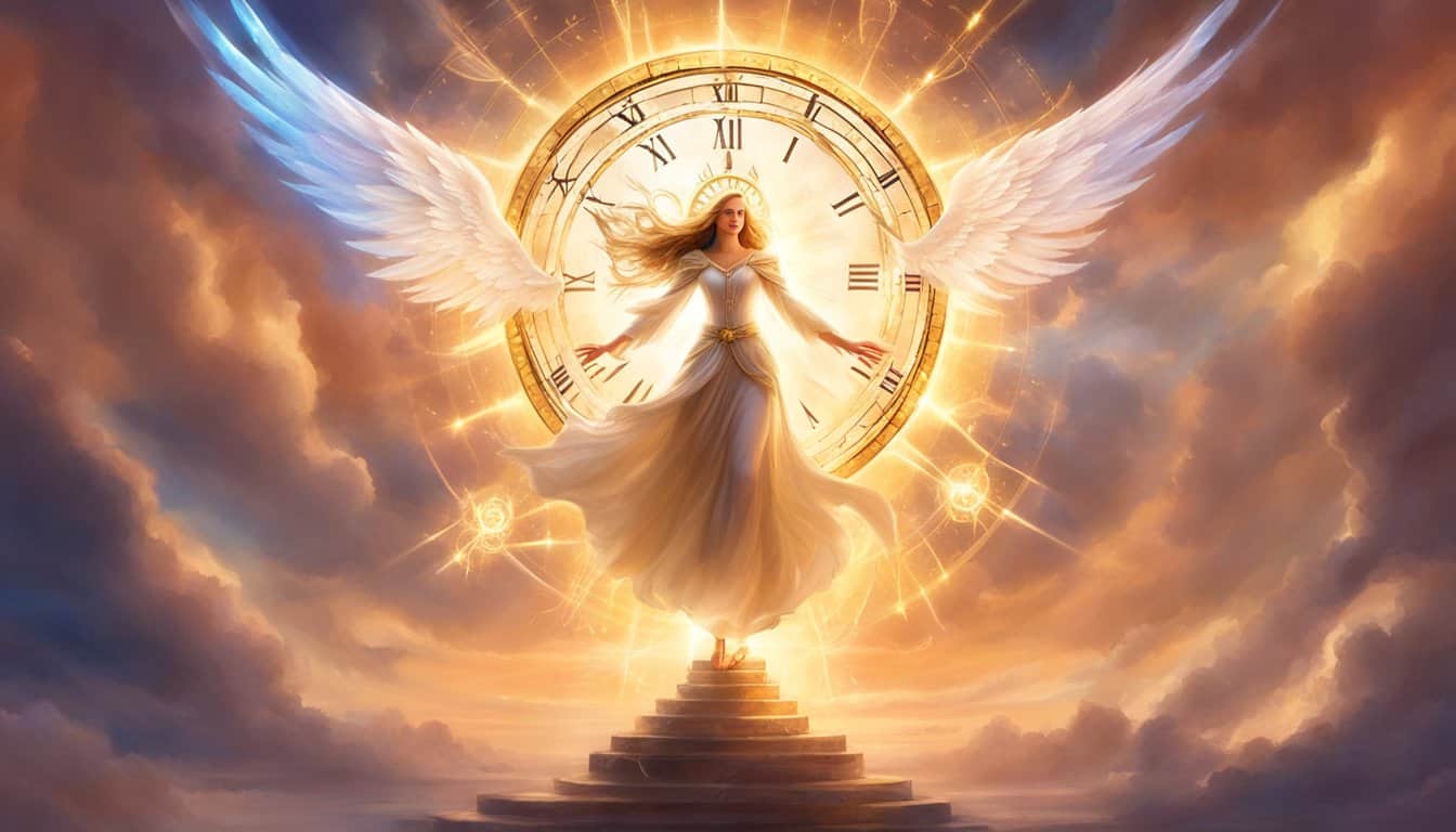 A glowing angelic figure hovers above a clock showing 09:09, surrounded by beams of light and symbols of divine guidance